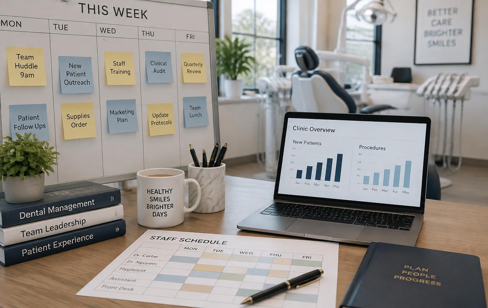Mesa de trabajo de la dirección de una clínica dental con planificación semanal, cuadrante del equipo e informe de indicadores