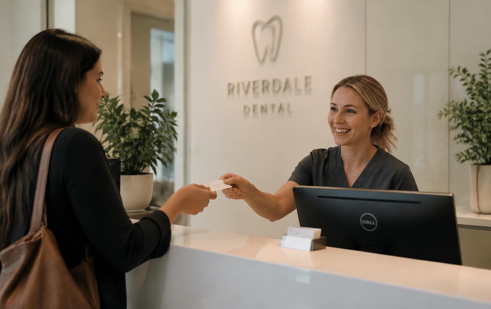 Recepcionista de una clínica dental entregando una tarjeta de cita a una paciente en el mostrador
