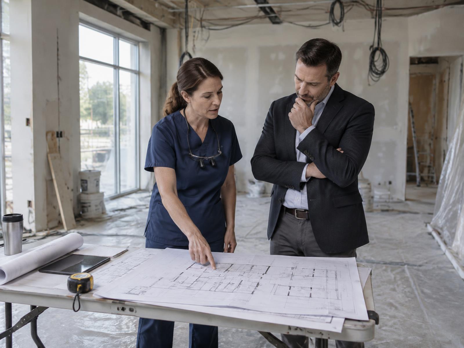 Odontóloga y consultor revisando los planos del local de una futura clínica dental