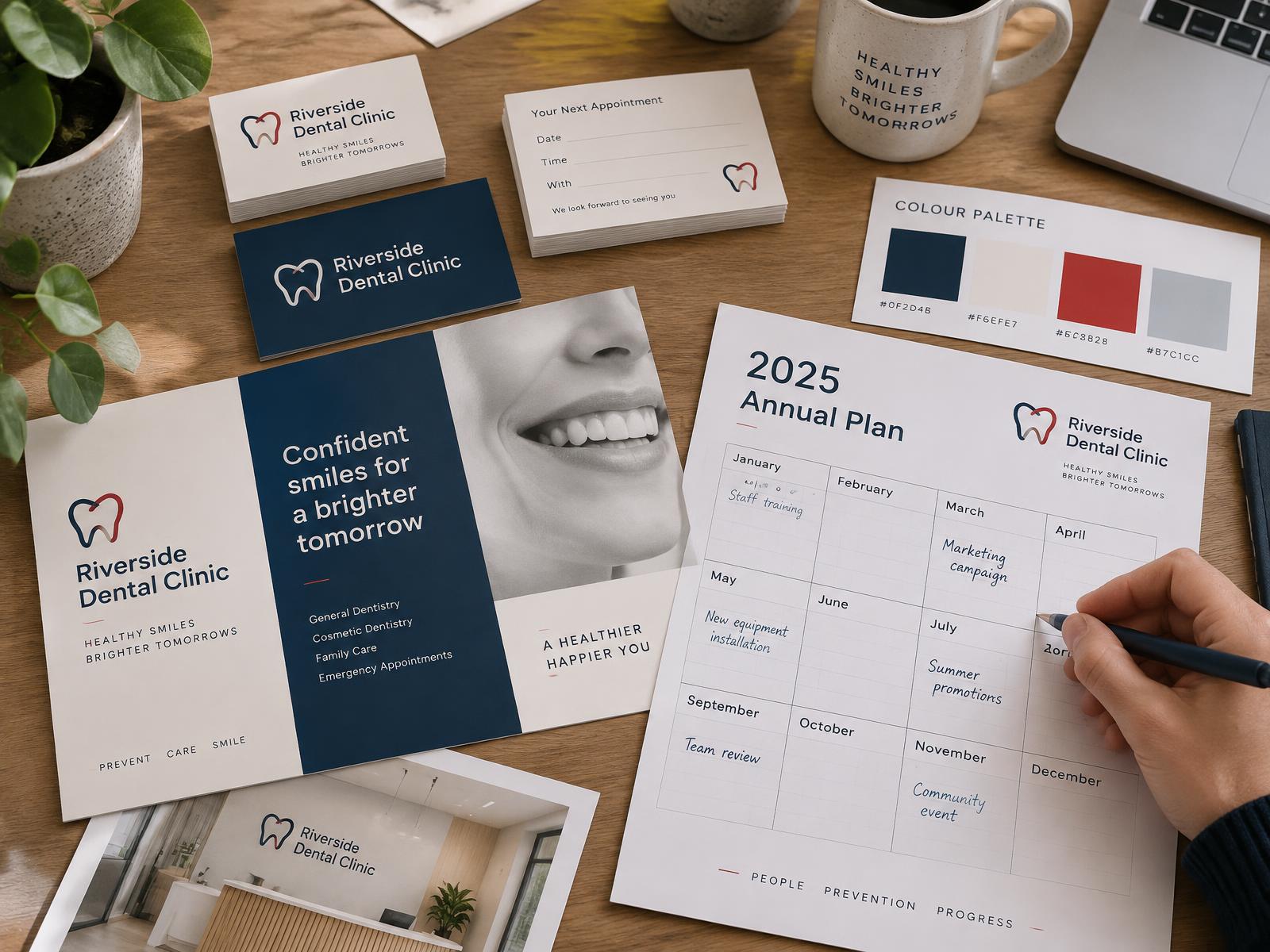 Material de imagen corporativa y planificación anual de marketing para una clínica dental
